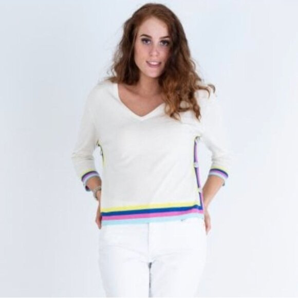 Vilagallo Sweater Womens XS Cream Rainbow Stripe Cashmere Blend Beachy Resort - Picture 2 of 10